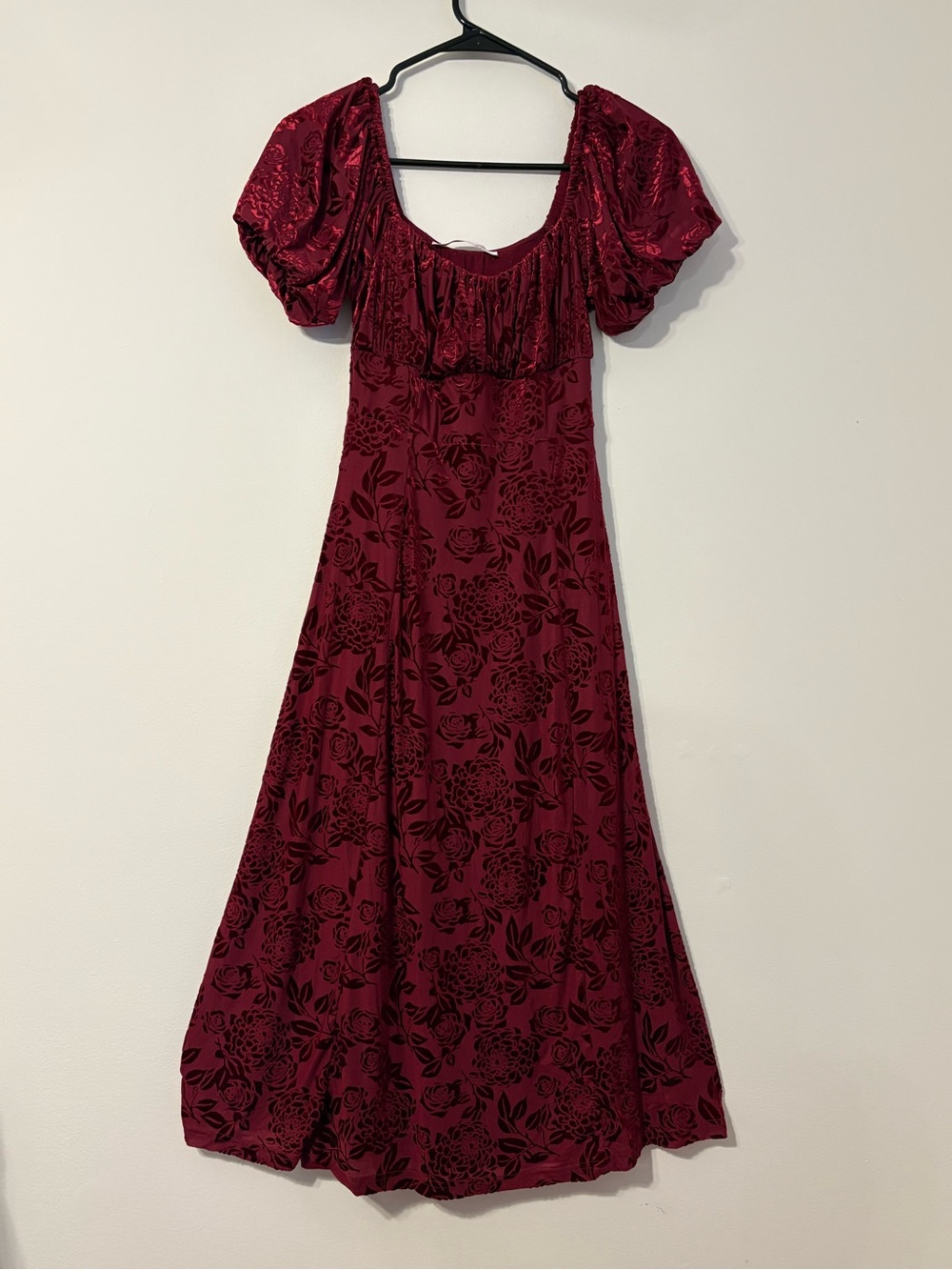 Altar’d‎ State Burgundy Velvet Burnout Floral Puff Sleeve Maxi Dress XS